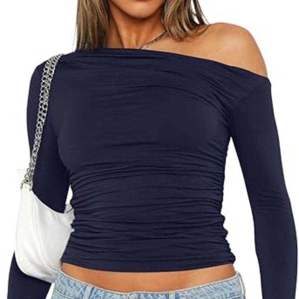 🔥 Y2K Dark Blue Ruched One Off-Shoulder Crop Top – Long Sleeve Slim Fit